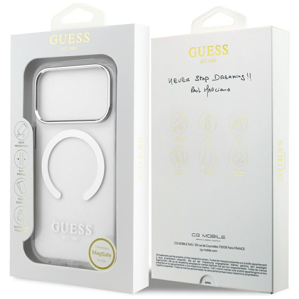 Coque MagSafe pour Apple iPhone 17 Pro, Guess, Metal Outline, Argentée