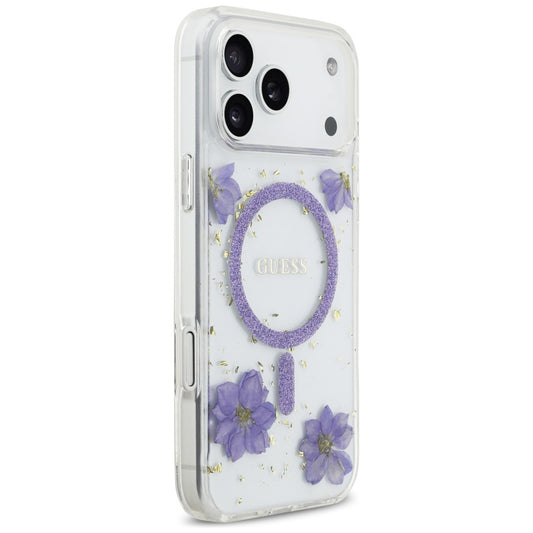 Coque MagSafe pour Apple iPhone 17 Pro, Guess, Resin Flowers and Glitter, Mauve