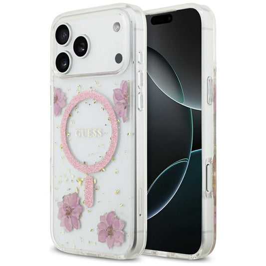 Coque MagSafe pour Apple iPhone 17 Pro, Guess, Fleurs en Résine et Paillettes, Rose