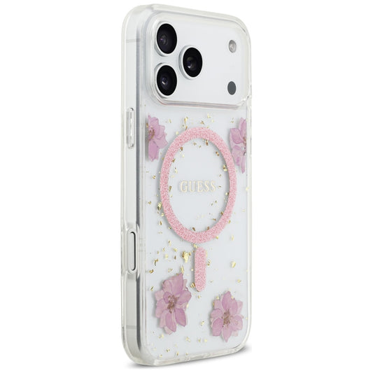 Coque MagSafe pour Apple iPhone 17 Pro, Guess, Fleurs en Résine et Paillettes, Rose