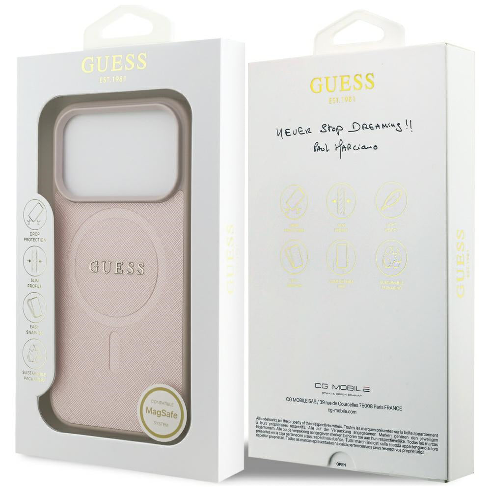 Custodia MagSafe per Apple iPhone 17 Pro, Guess, Saffiano Classic Logo, Rosa