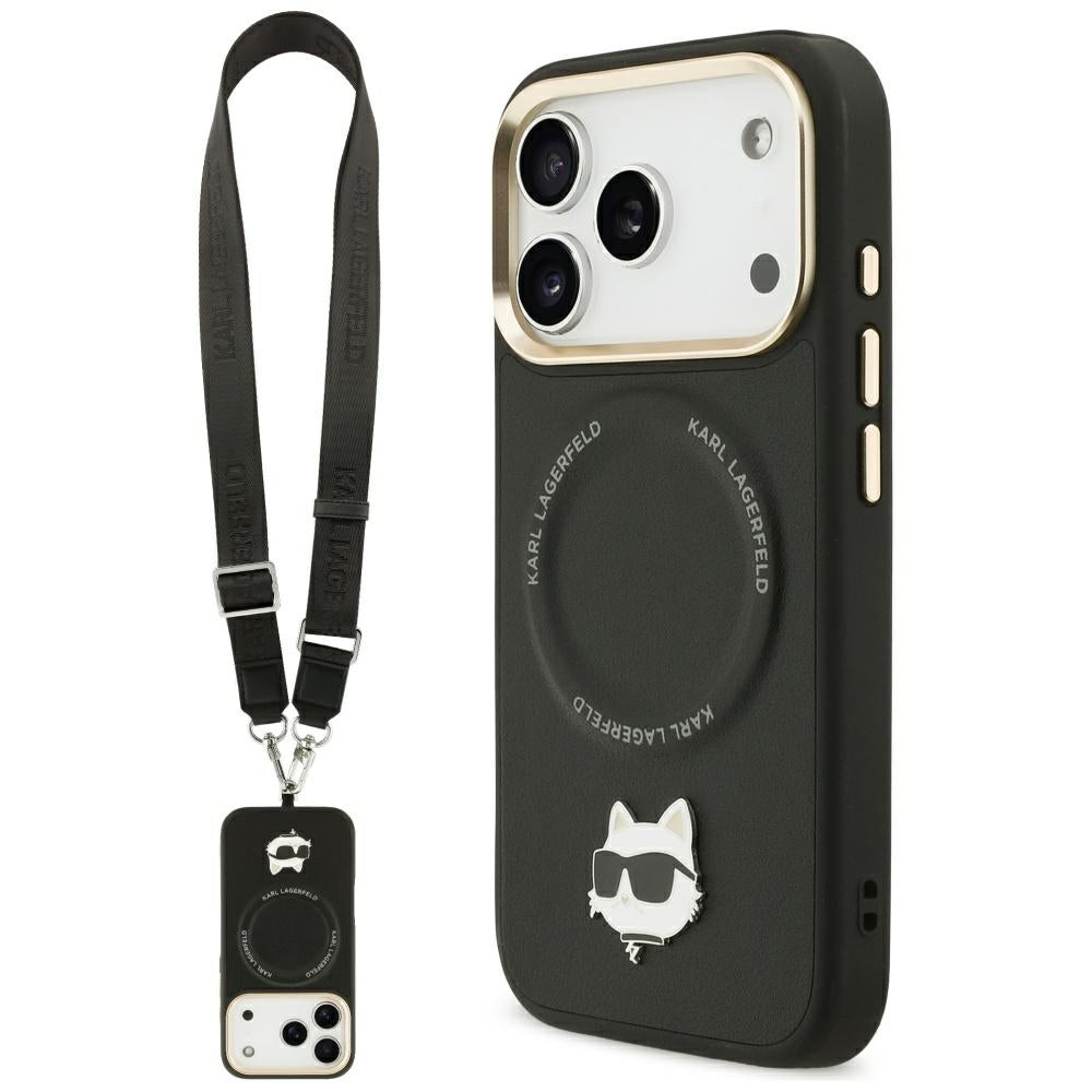 Custodia MagSafe per Apple iPhone 17 Pro, Karl Lagerfeld, Big Strap Choupette Metal Logo, Nera