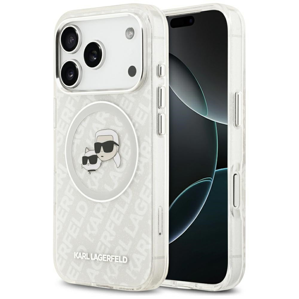 Custodia MagSafe per Apple iPhone 17 Pro, Karl Lagerfeld, Glitter Karl & Choupette Head, Bianca