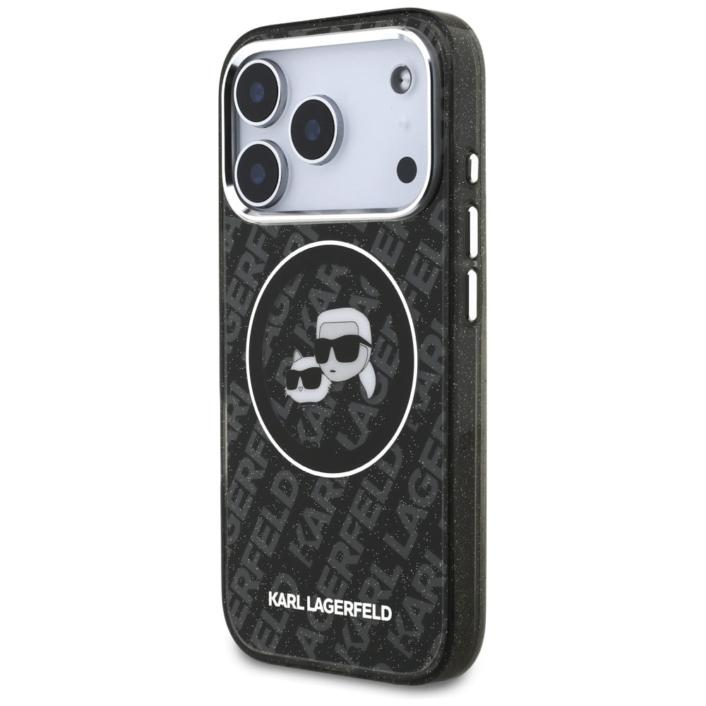 Custodia MagSafe per Apple iPhone 17 Pro, Karl Lagerfeld, Glitter Karl & Choupette Head, Nera