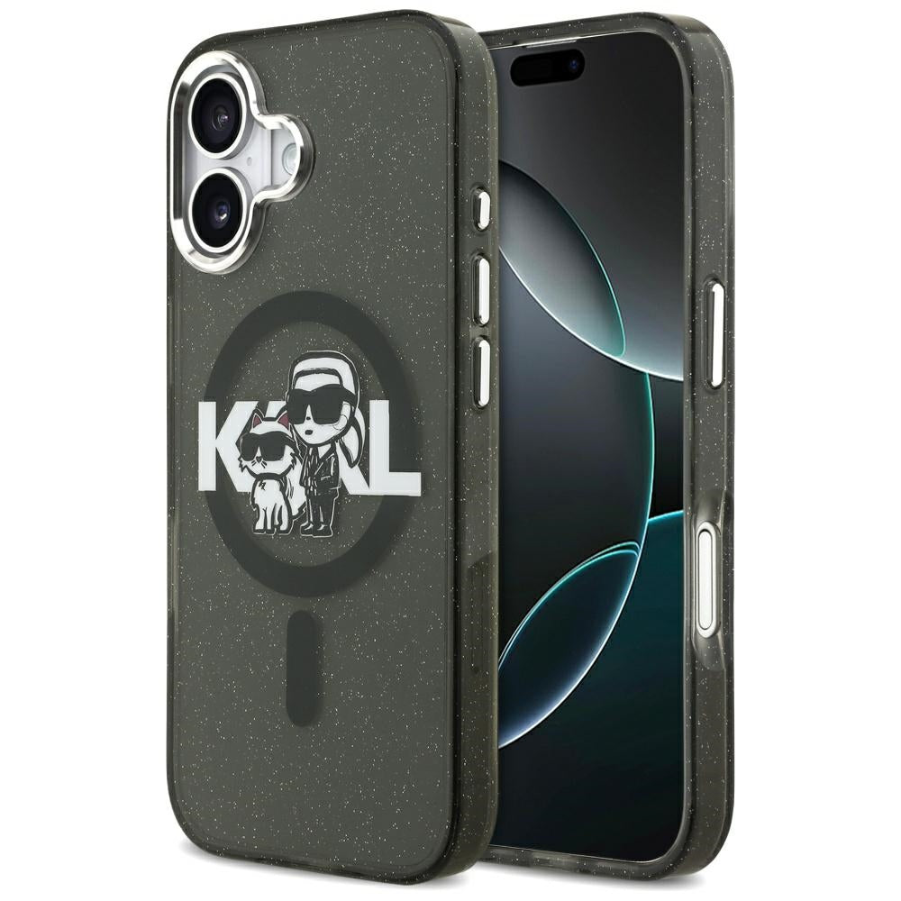 Custodia MagSafe per Apple iPhone 17 Pro, Karl Lagerfeld, IML Sketch Logo Glitter Karl & Choupette, Nera
