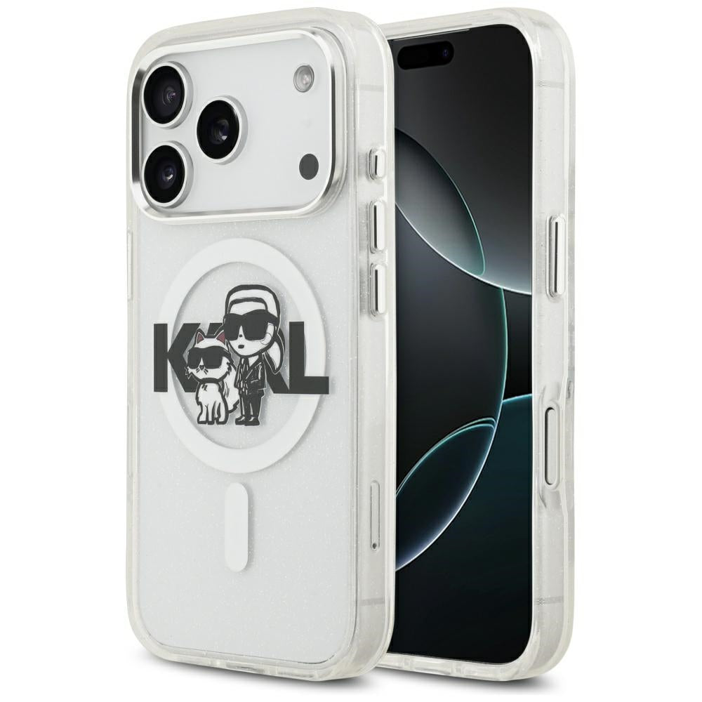 Coque MagSafe pour Apple iPhone 17 Pro, Karl Lagerfeld, IML Sketch Logo Glitter Karl & Choupette, Transparente