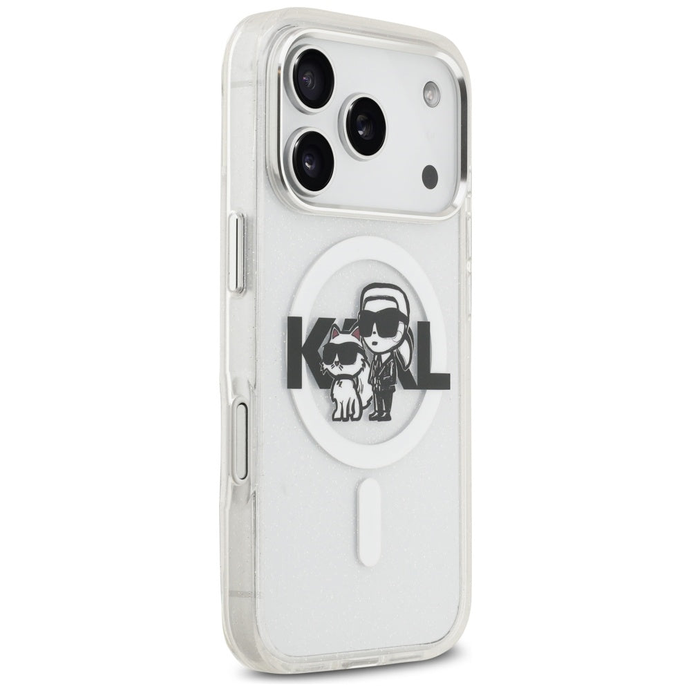 Coque MagSafe pour Apple iPhone 17 Pro, Karl Lagerfeld, IML Sketch Logo Glitter Karl & Choupette, Transparente