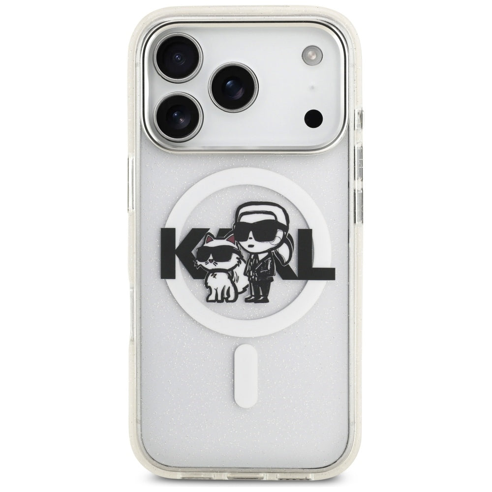 Coque MagSafe pour Apple iPhone 17 Pro, Karl Lagerfeld, IML Sketch Logo Glitter Karl & Choupette, Transparente