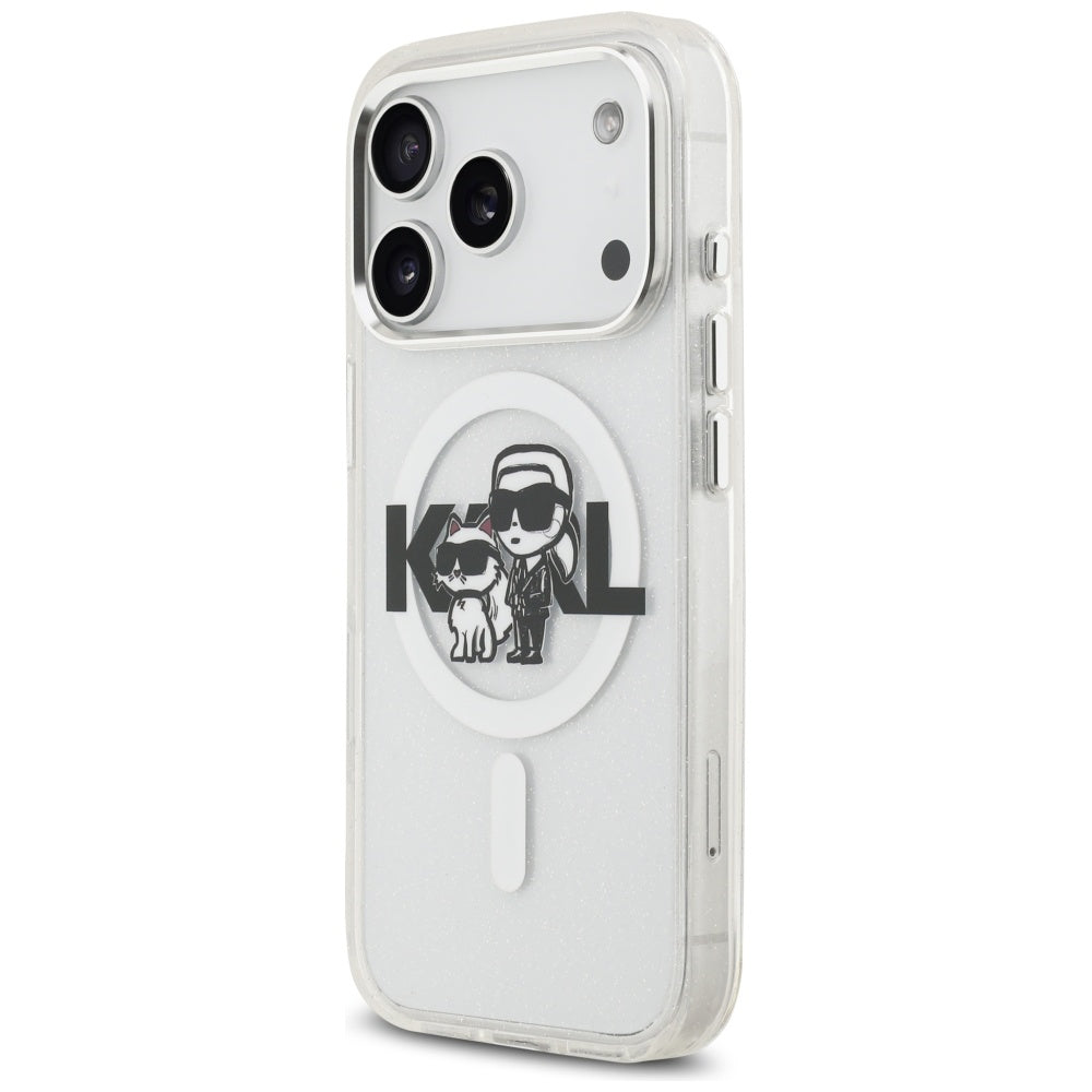 Coque MagSafe pour Apple iPhone 17 Pro, Karl Lagerfeld, IML Sketch Logo Glitter Karl & Choupette, Transparente