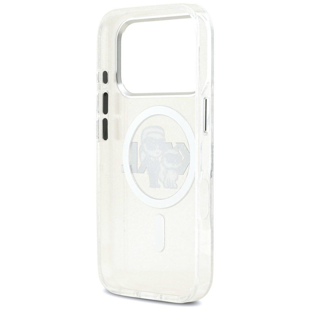 Coque MagSafe pour Apple iPhone 17 Pro, Karl Lagerfeld, IML Sketch Logo Glitter Karl & Choupette, Transparente