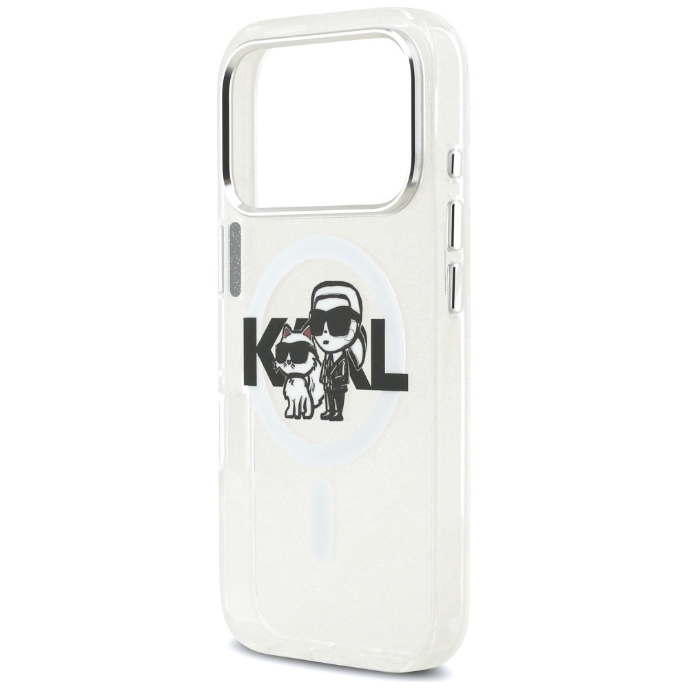 Coque MagSafe pour Apple iPhone 17 Pro, Karl Lagerfeld, IML Sketch Logo Glitter Karl & Choupette, Transparente