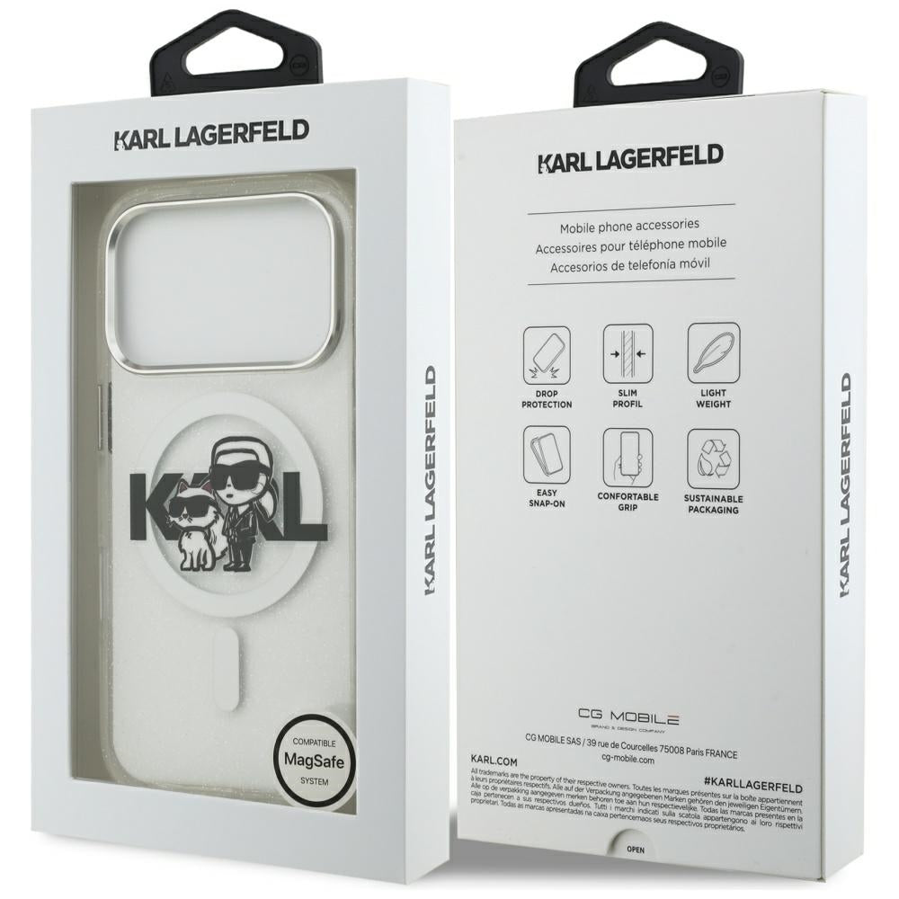 Coque MagSafe pour Apple iPhone 17 Pro, Karl Lagerfeld, IML Sketch Logo Glitter Karl & Choupette, Transparente