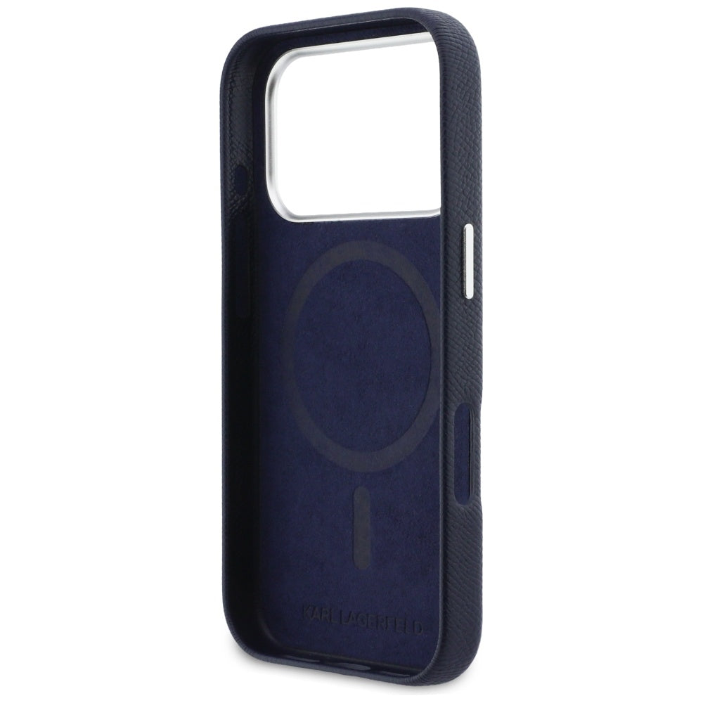 MagSafe Hülle für Apple iPhone 17 Pro, Karl Lagerfeld, Saffiano Karl & Choupette Pins, Blau