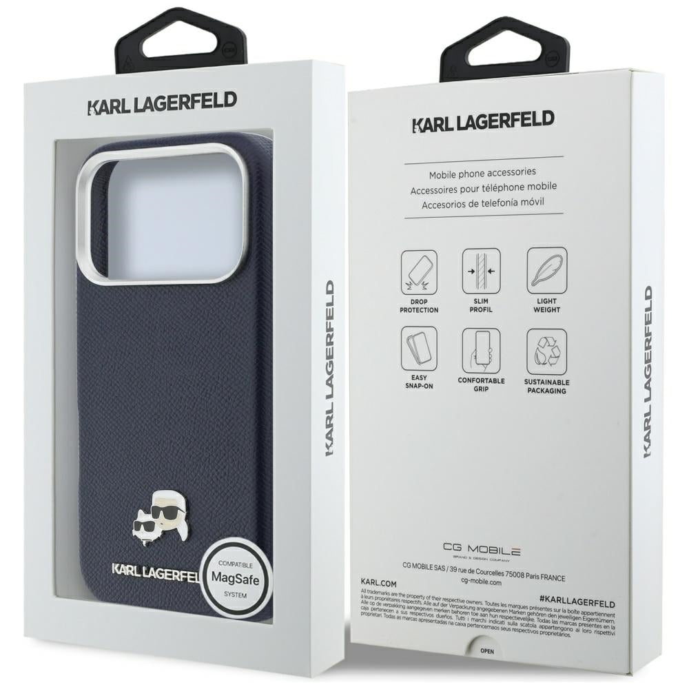 MagSafe Hülle für Apple iPhone 17 Pro, Karl Lagerfeld, Saffiano Karl & Choupette Pins, Blau