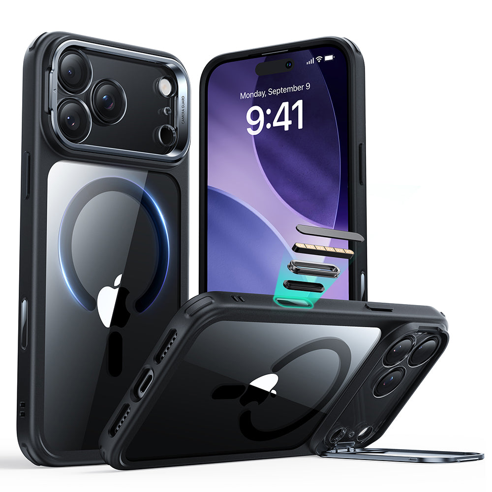Coque MagSafe pour Apple iPhone 17 Pro Max, ESR, Classic Hybrid Kickstand, Noire Transparente