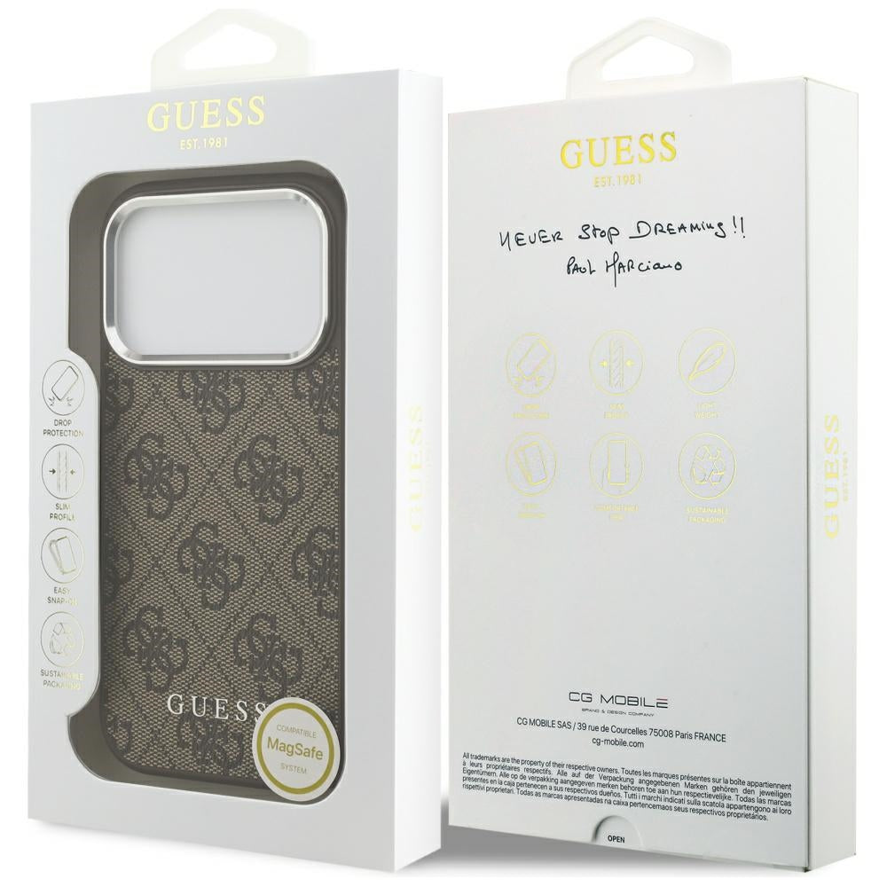 Étui MagSafe pour Apple iPhone 17 Pro Max, Guess, Logo Classique 4G, Marron