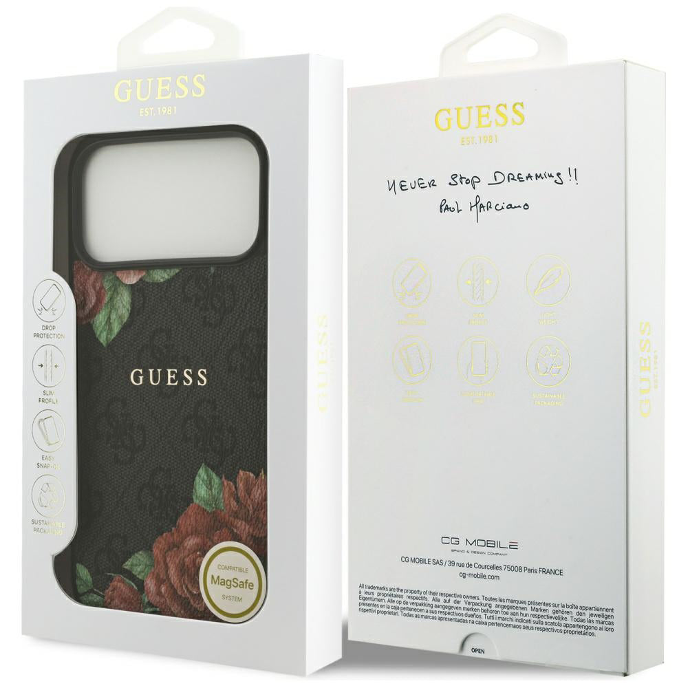 MagSafe Hülle für Apple iPhone 17 Pro Max, Guess, 4G Flowers Print, Schwarz