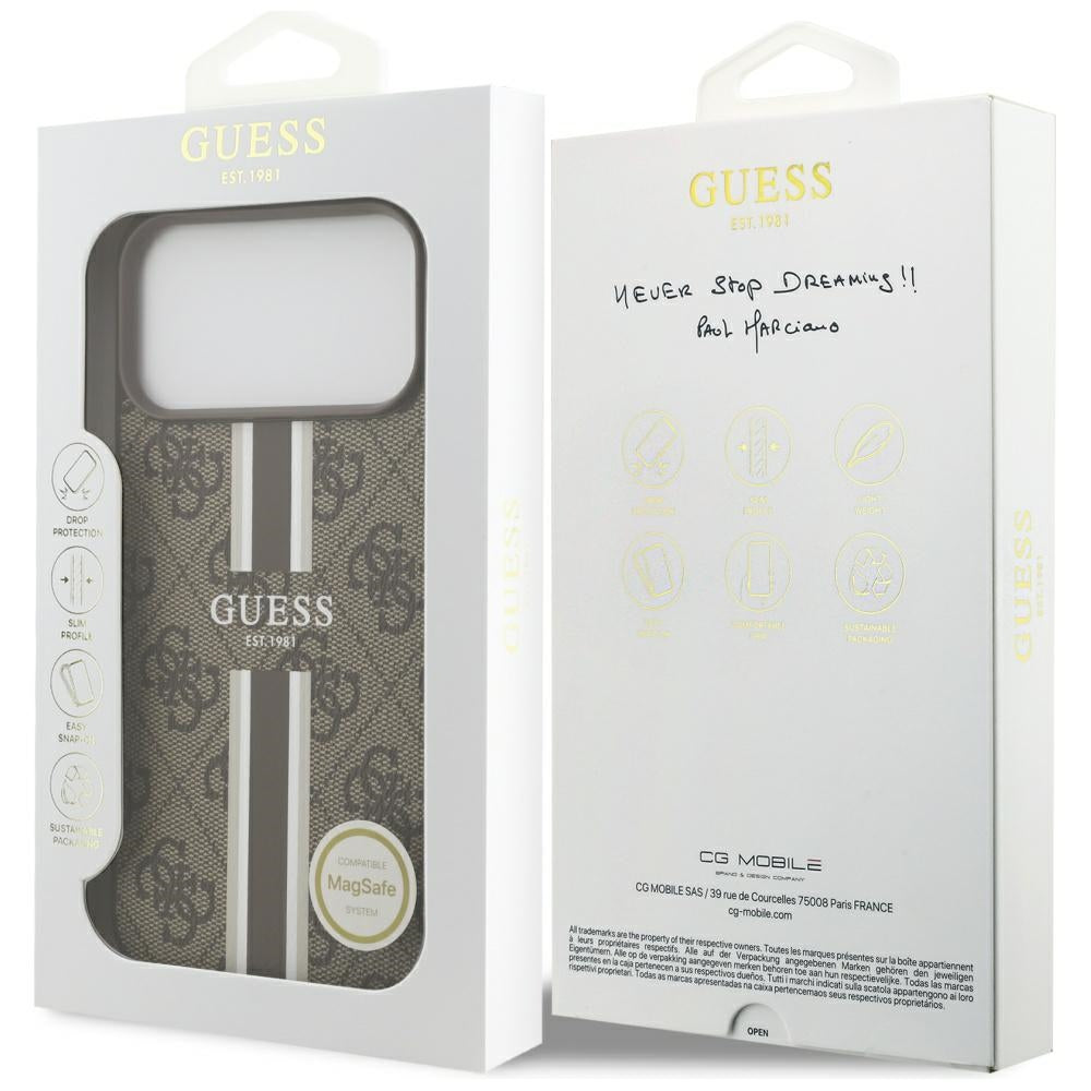 Étui MagSafe pour Apple iPhone 17 Pro Max, Guess, 4G Printed Stripes, Marron
