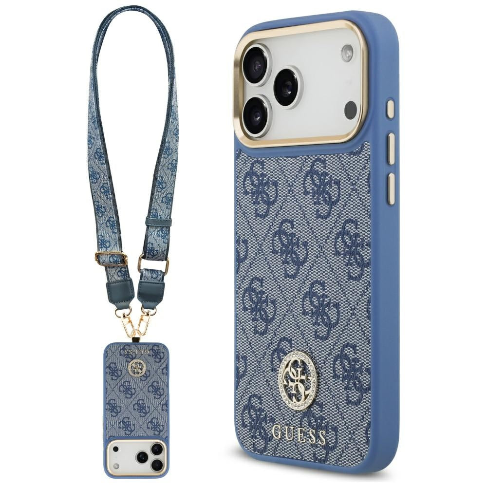 Étui MagSafe pour Apple iPhone 17 Pro Max, Guess, 4G Strass Logo avec grande sangle, Bleu