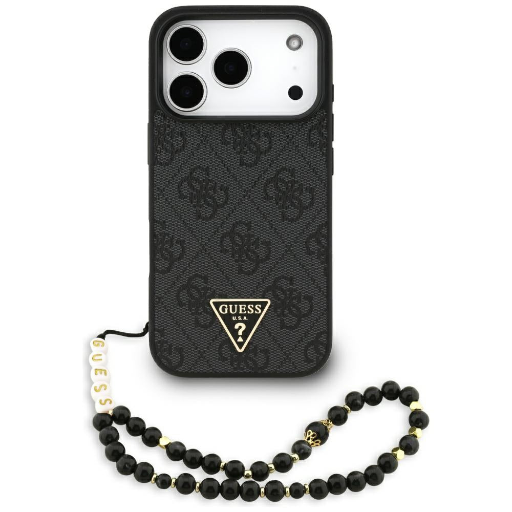 Coque MagSafe pour Apple iPhone 17 Pro Max, Guess, logo triangle 4G avec lanière, Noire
