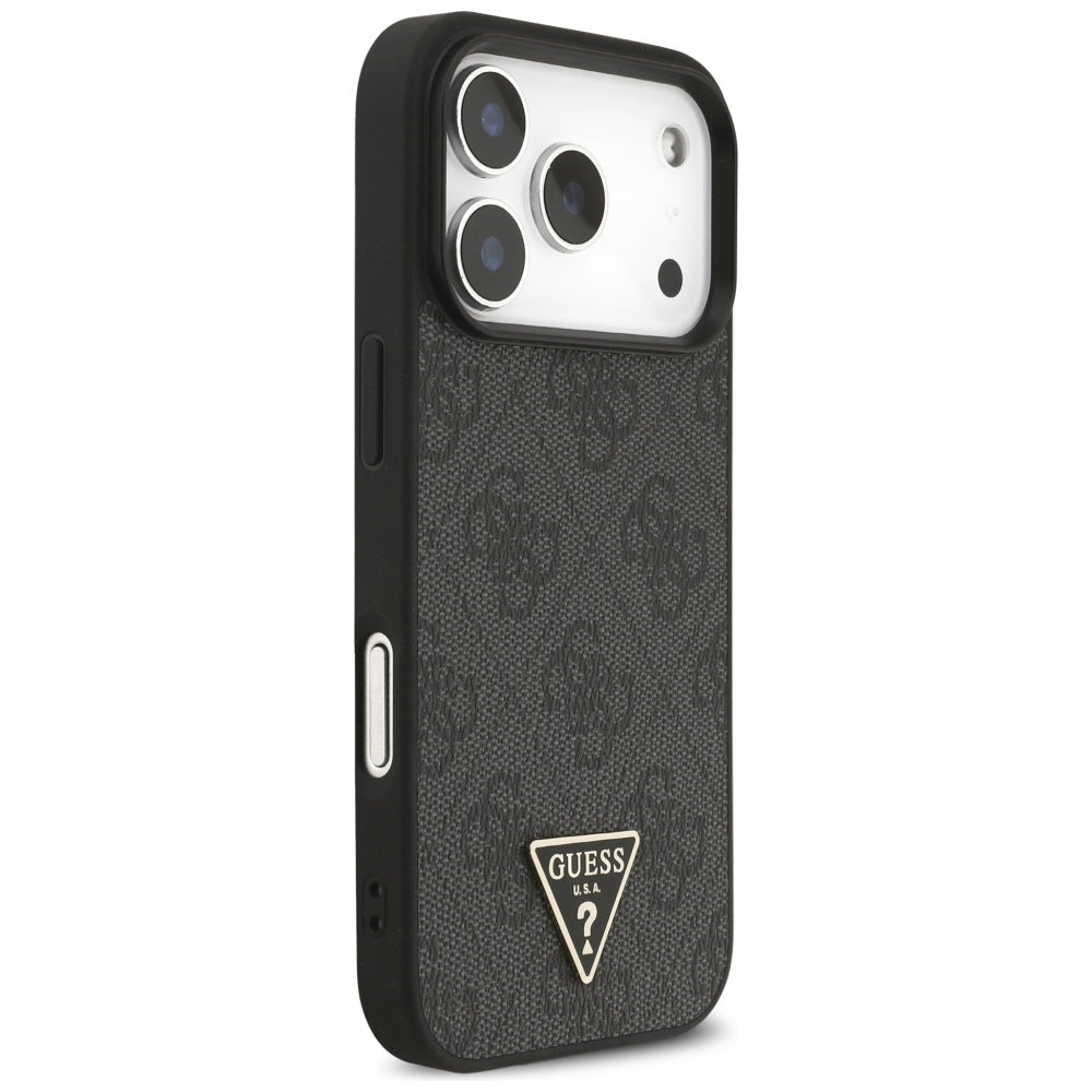 Coque MagSafe pour Apple iPhone 17 Pro Max, Guess, logo triangle 4G avec lanière, Noire
