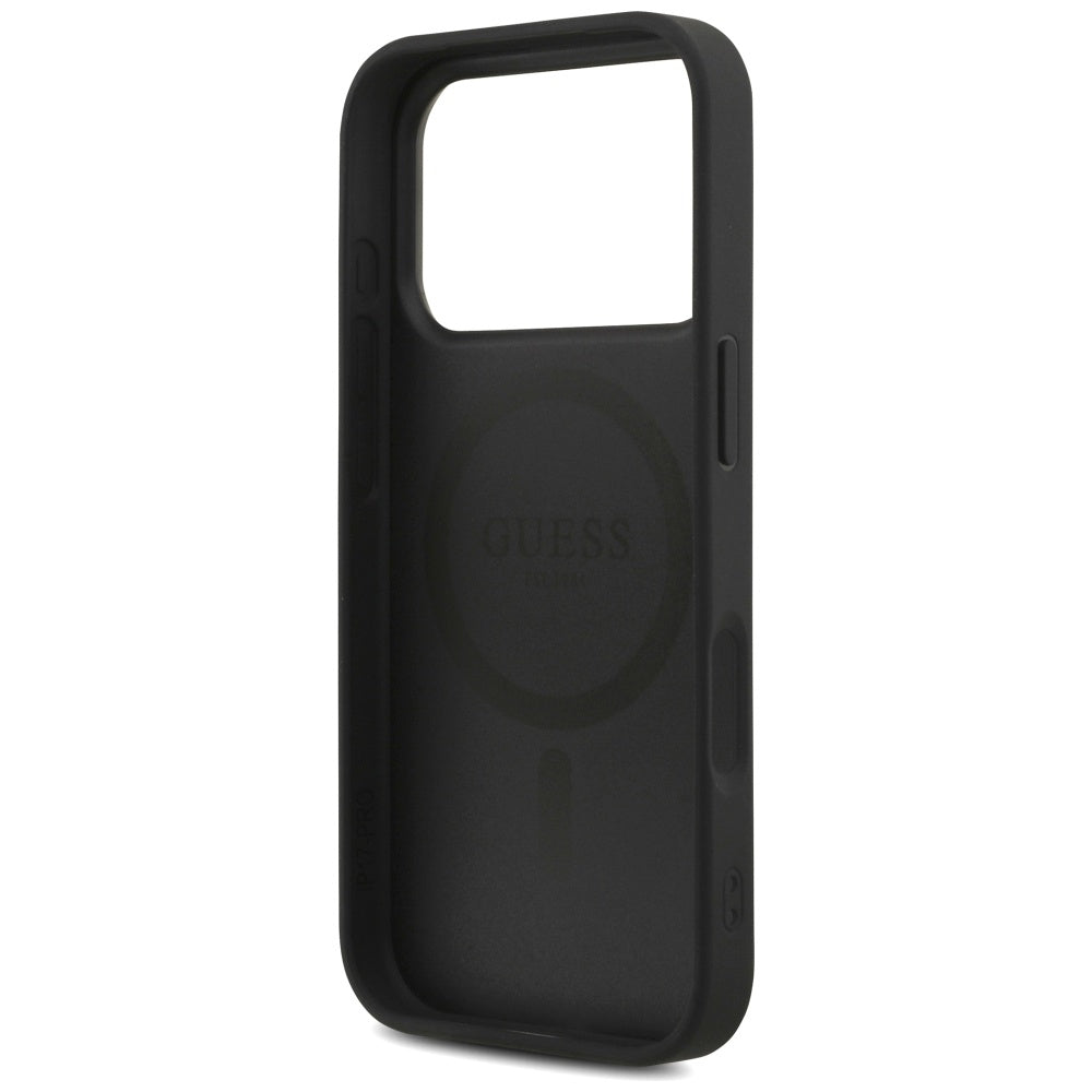 Coque MagSafe pour Apple iPhone 17 Pro Max, Guess, logo triangle 4G avec lanière, Noire