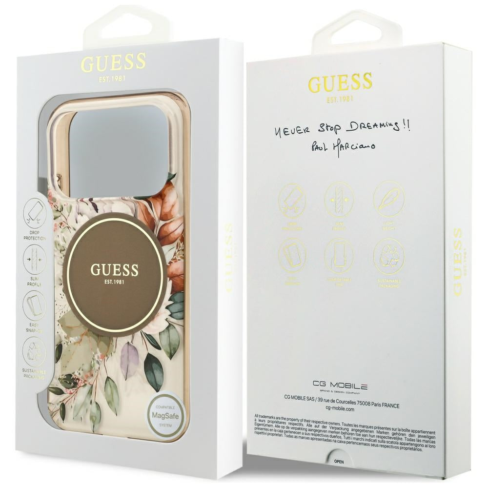 Étui MagSafe pour Apple iPhone 17 Pro Max, Guess, IML Flower & Tonal Circle, Marron