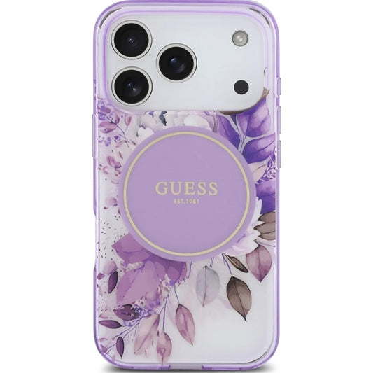 Étui MagSafe pour Apple iPhone 17 Pro Max, Guess, IML Flower & Tonal Circle, Violet
