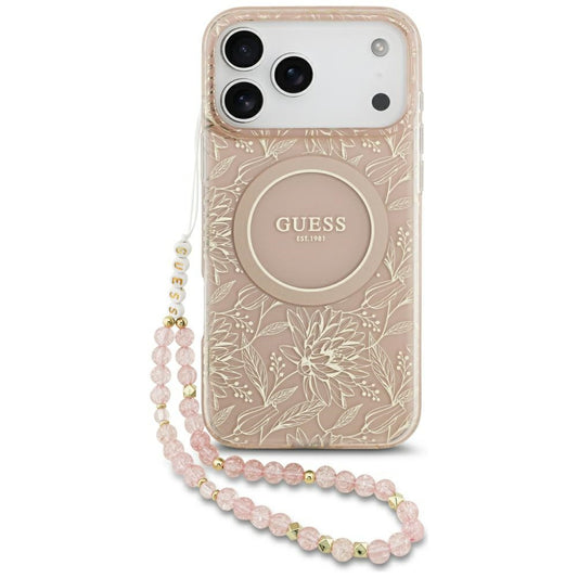 MagSafe Hülle für Apple iPhone 17 Pro Max, Guess, IML Flowers Allover Electroplated with Pearl Strap, Rosa