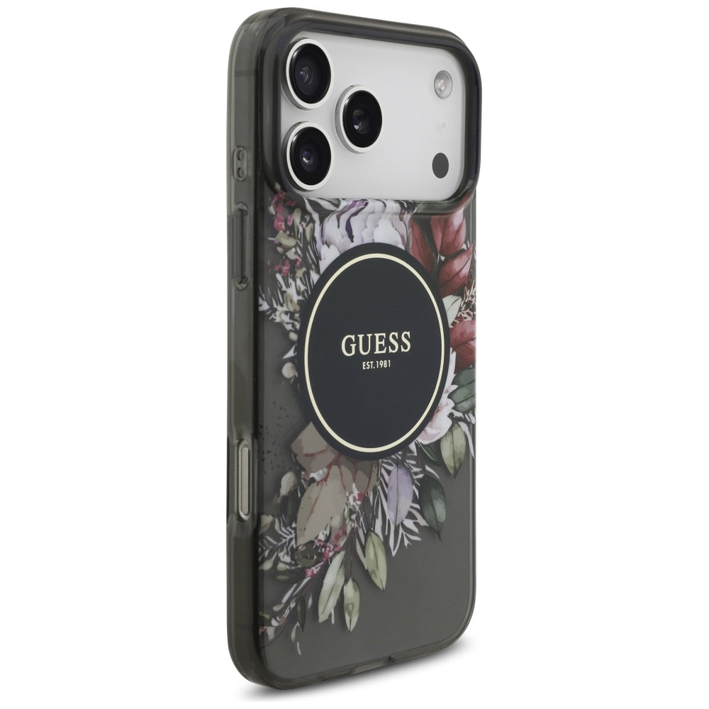 Étui MagSafe pour Apple iPhone 17 Pro Max, Guess, IML Flowers with Pearl Strap, Noir