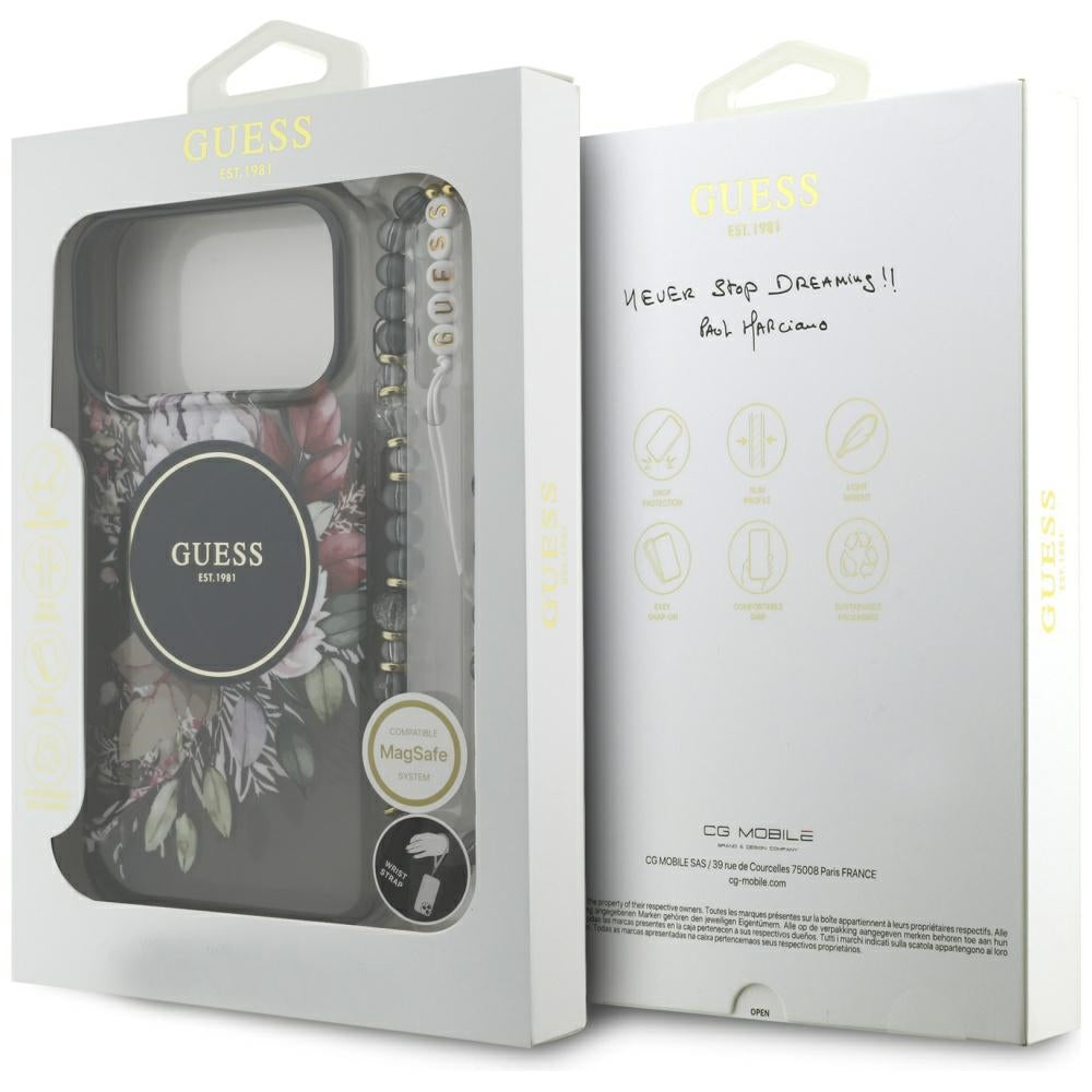 Étui MagSafe pour Apple iPhone 17 Pro Max, Guess, IML Flowers with Pearl Strap, Noir