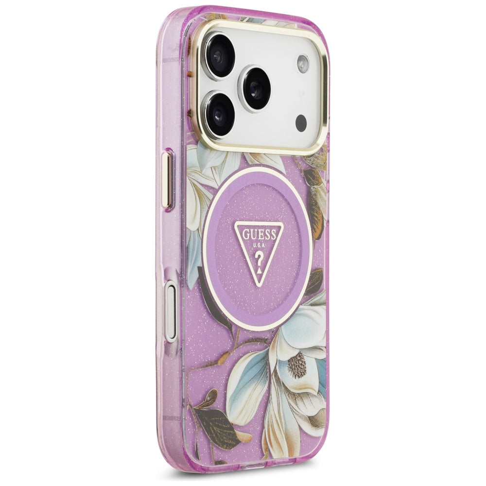 Custodia MagSafe per Apple iPhone 17 Pro Max, Guess, IML Metal Glitter Flowers Triangle, Viola
