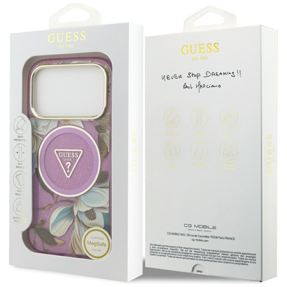 Custodia MagSafe per Apple iPhone 17 Pro Max, Guess, IML Metal Glitter Flowers Triangle, Viola