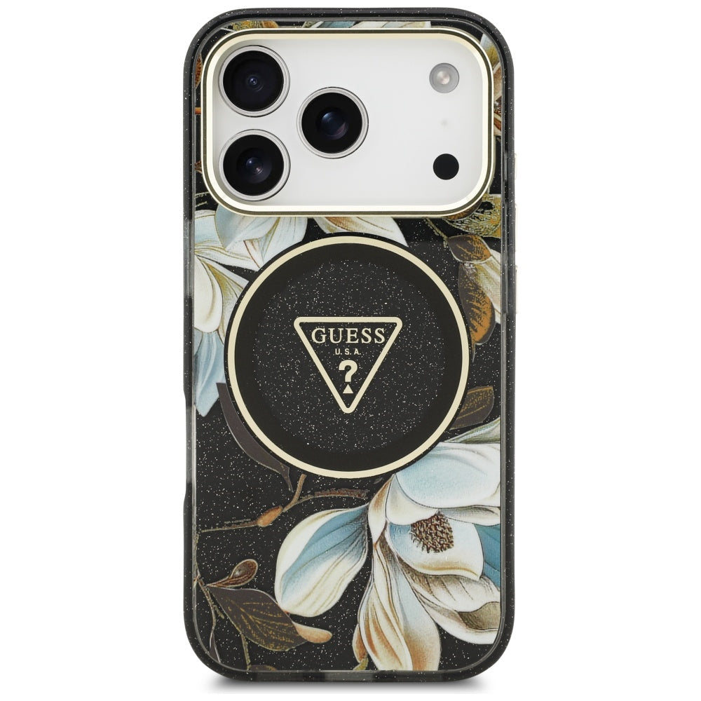 Custodia MagSafe per Apple iPhone 17 Pro Max, Guess, IML Metal Glitter Flowers Triangle, Nera