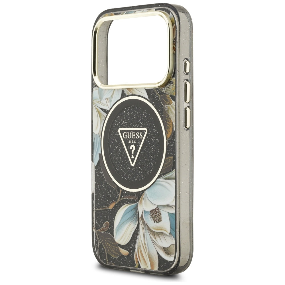 Custodia MagSafe per Apple iPhone 17 Pro Max, Guess, IML Metal Glitter Flowers Triangle, Nera