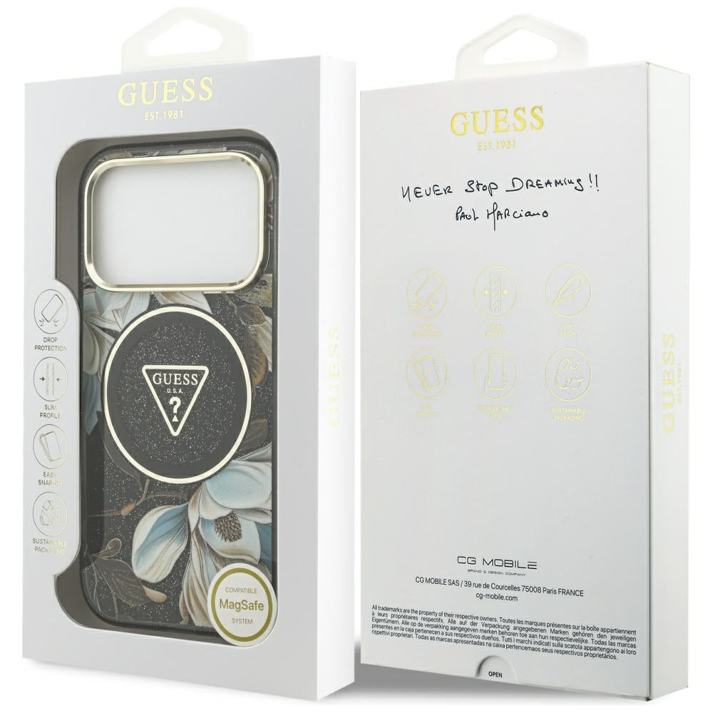 Custodia MagSafe per Apple iPhone 17 Pro Max, Guess, IML Metal Glitter Flowers Triangle, Nera