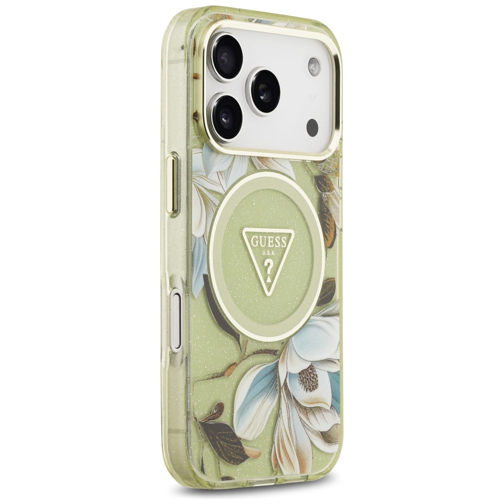 Étui MagSafe pour Apple iPhone 17 Pro Max, Guess, IML Metal Glitter Flowers Triangle, Vert