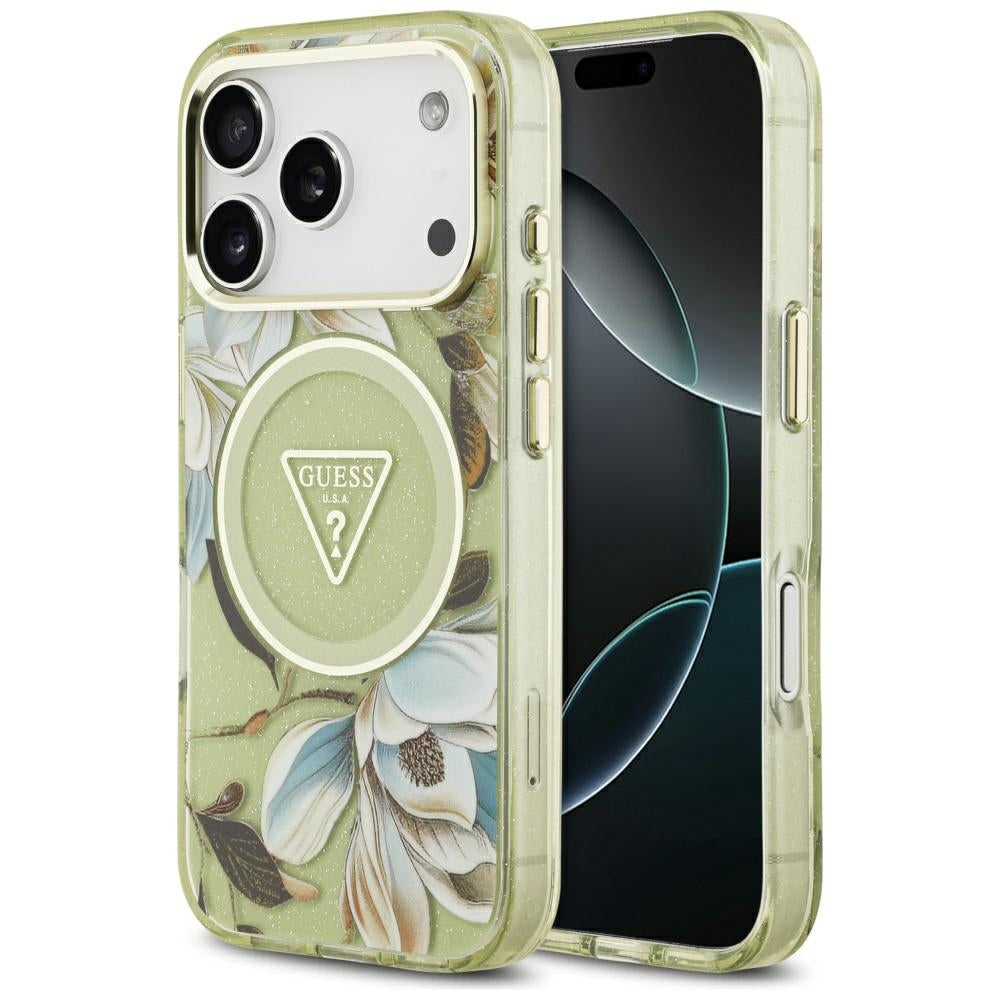 Étui MagSafe pour Apple iPhone 17 Pro Max, Guess, IML Metal Glitter Flowers Triangle, Vert