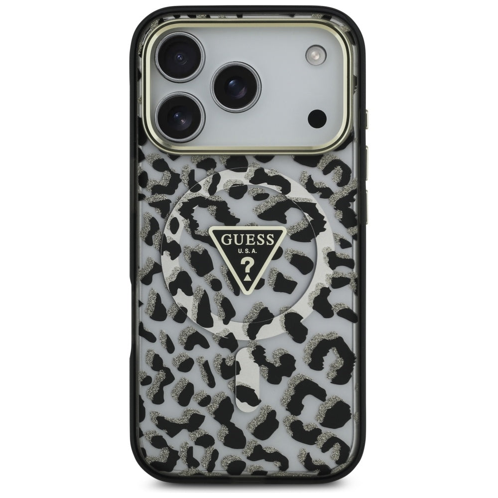 Étui MagSafe pour Apple iPhone 17 Pro Max, Guess, Leopard Glitter, Noir