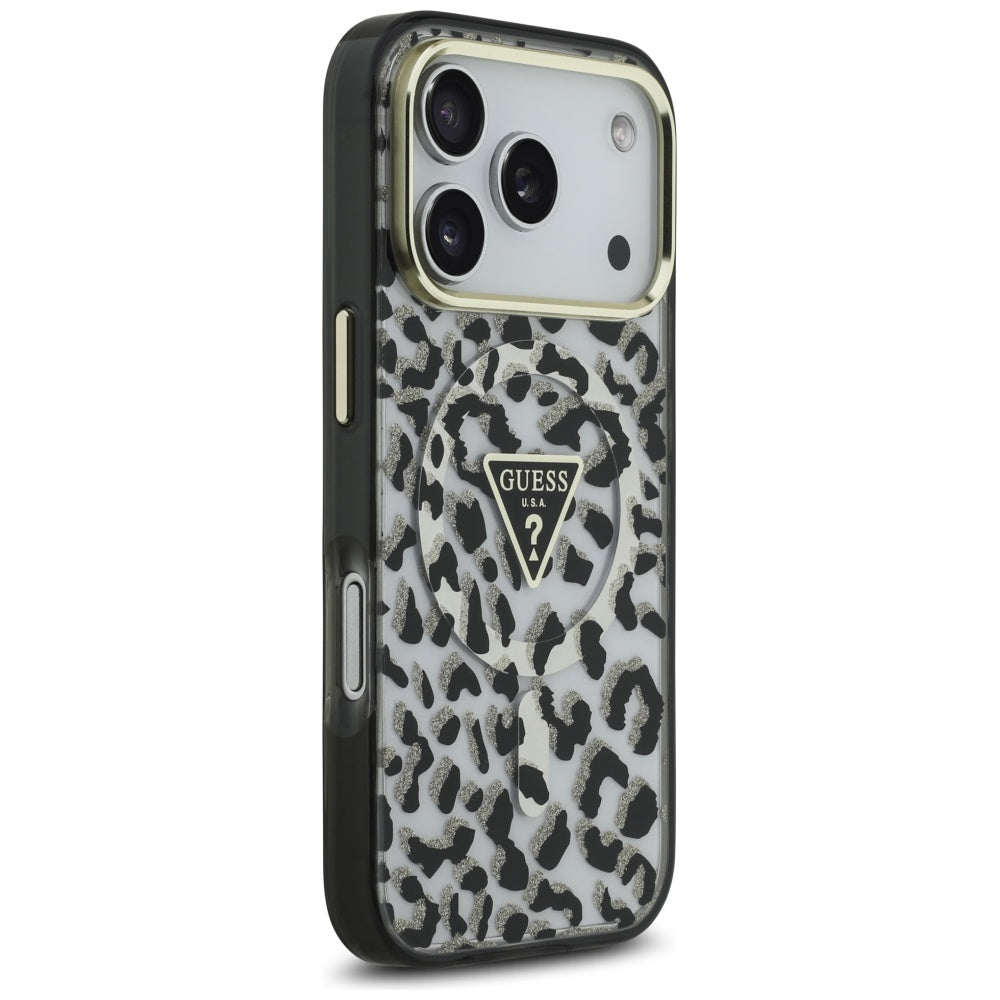 Étui MagSafe pour Apple iPhone 17 Pro Max, Guess, Leopard Glitter, Noir