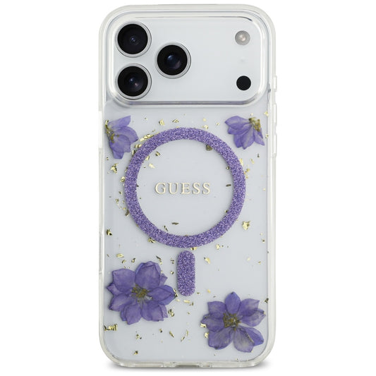 Coque MagSafe pour Apple iPhone 17 Pro Max, Guess, Fleurs en Résine et Paillettes, Mauve