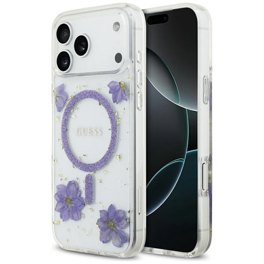 Coque MagSafe pour Apple iPhone 17 Pro Max, Guess, Fleurs en Résine et Paillettes, Mauve