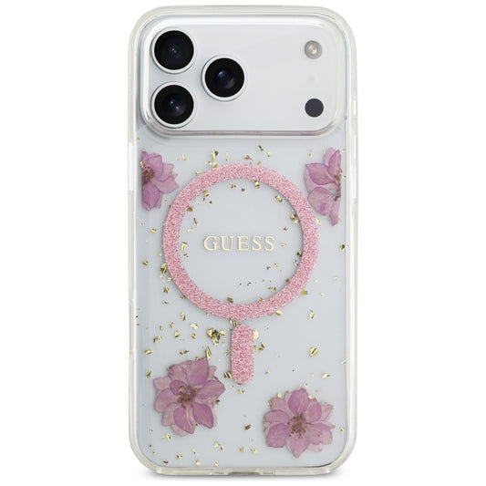 Coque MagSafe pour Apple iPhone 17 Pro Max, Guess, Fleurs en Résine et Paillettes, Rose