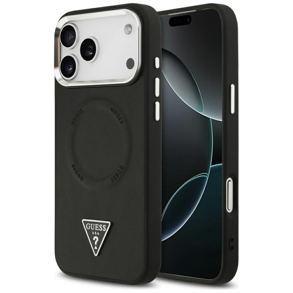 Custodia MagSafe per Apple iPhone 17 Pro Max, Guess, Logo Triangolo, Nera Argentata