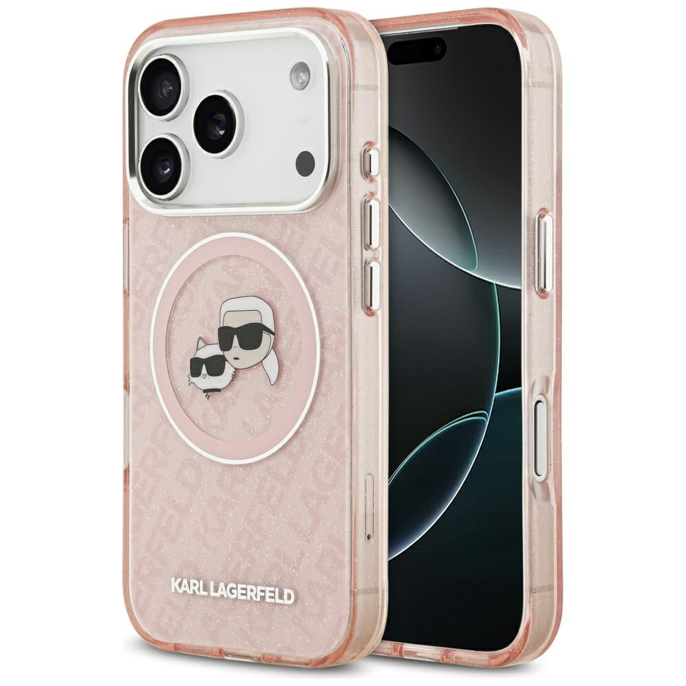 MagSafe Hülle für Apple iPhone 17 Pro Max, Karl Lagerfeld, Glitter Karl & Choupette Head, Rosa
