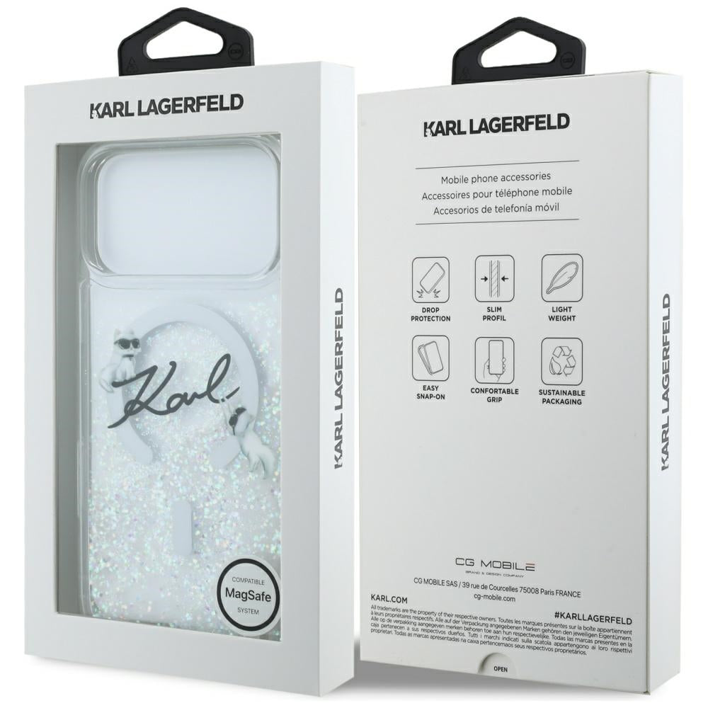 Custodia MagSafe per Apple iPhone 17 Pro Max, Karl Lagerfeld, Glitter Karl Script Logo, Trasparente