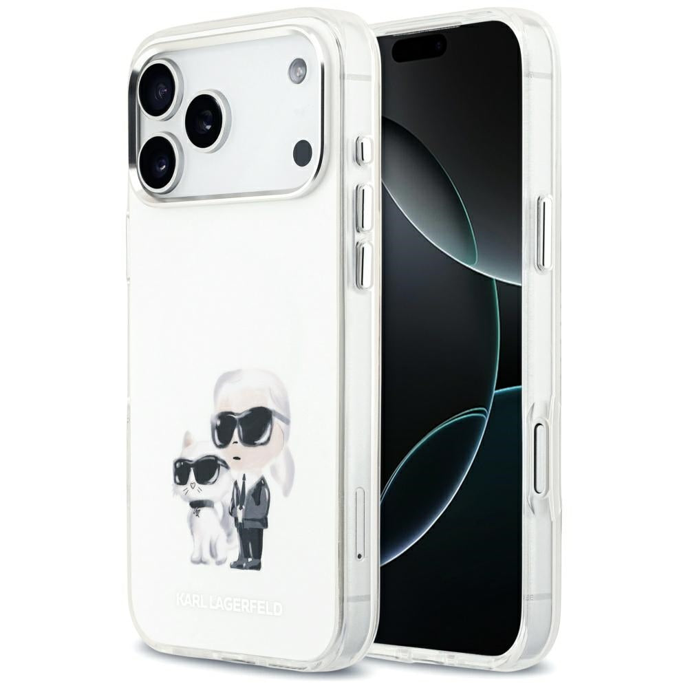 MagSafe Hülle für Apple iPhone 17 Pro Max, Karl Lagerfeld, IML Aquarelle Logo Karl & Choupette, Weiß.