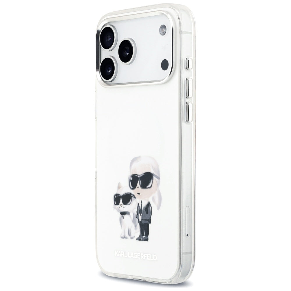 MagSafe Hülle für Apple iPhone 17 Pro Max, Karl Lagerfeld, IML Aquarelle Logo Karl & Choupette, Weiß.