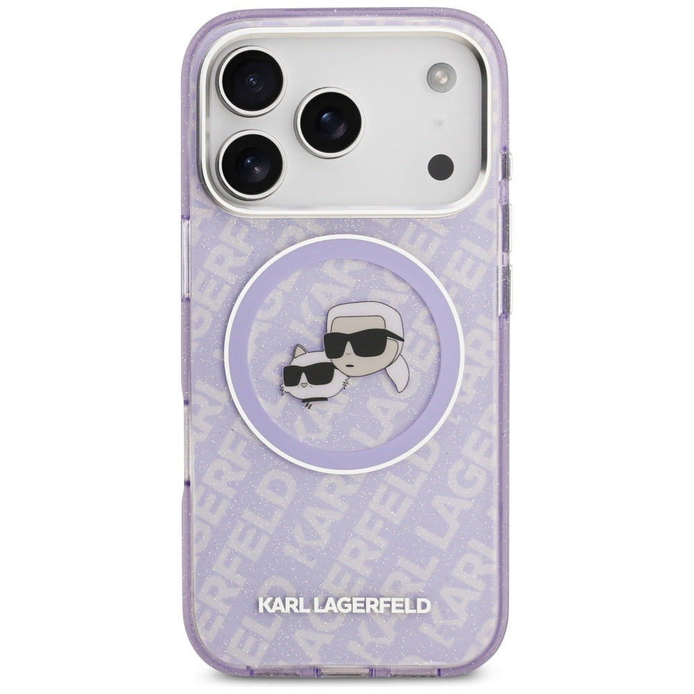 Étui MagSafe pour Apple iPhone 17 Pro Max, Karl Lagerfeld, IML Glitter Karl & Choupette's Heads, Violet