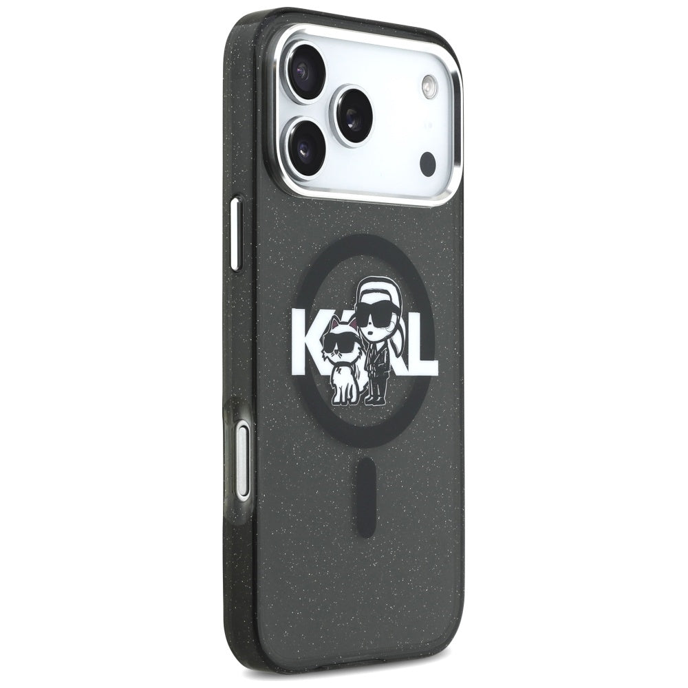 Étui MagSafe pour Apple iPhone 17 Pro Max, Karl Lagerfeld, IML Sketch Logo Glitter Karl & Choupette, Noir